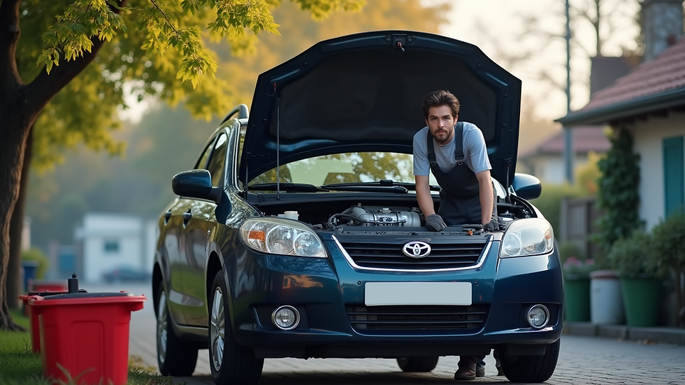 Eye-level view of a mobile mechanic working on a car in a driveway