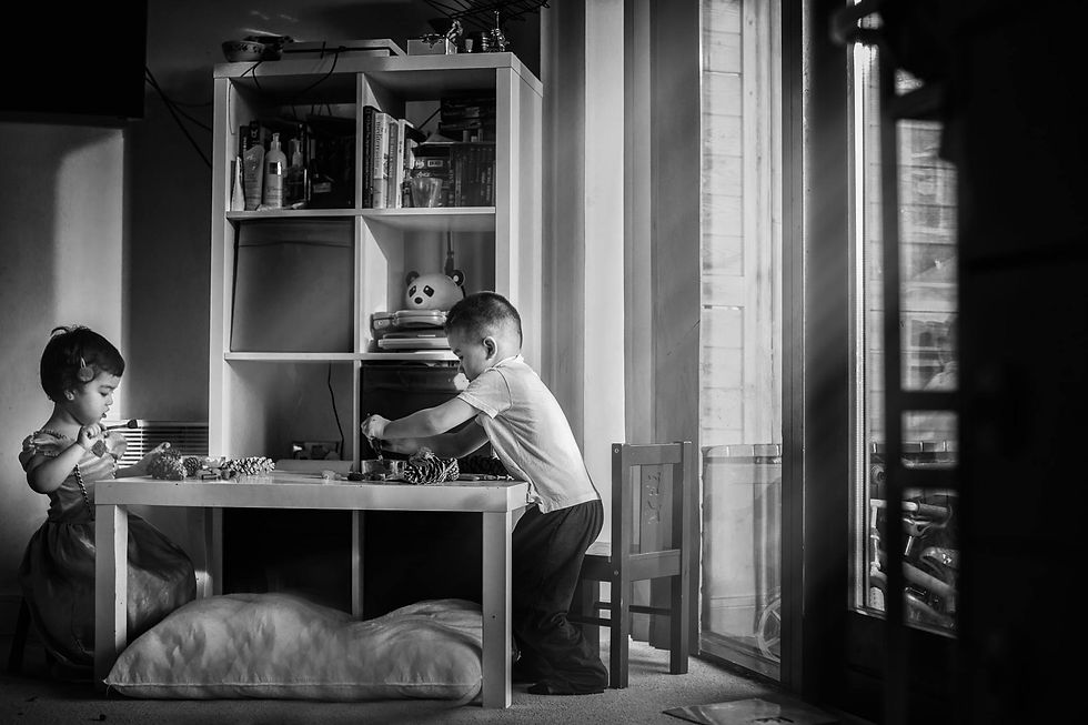 Siblings crafts in black and white. 