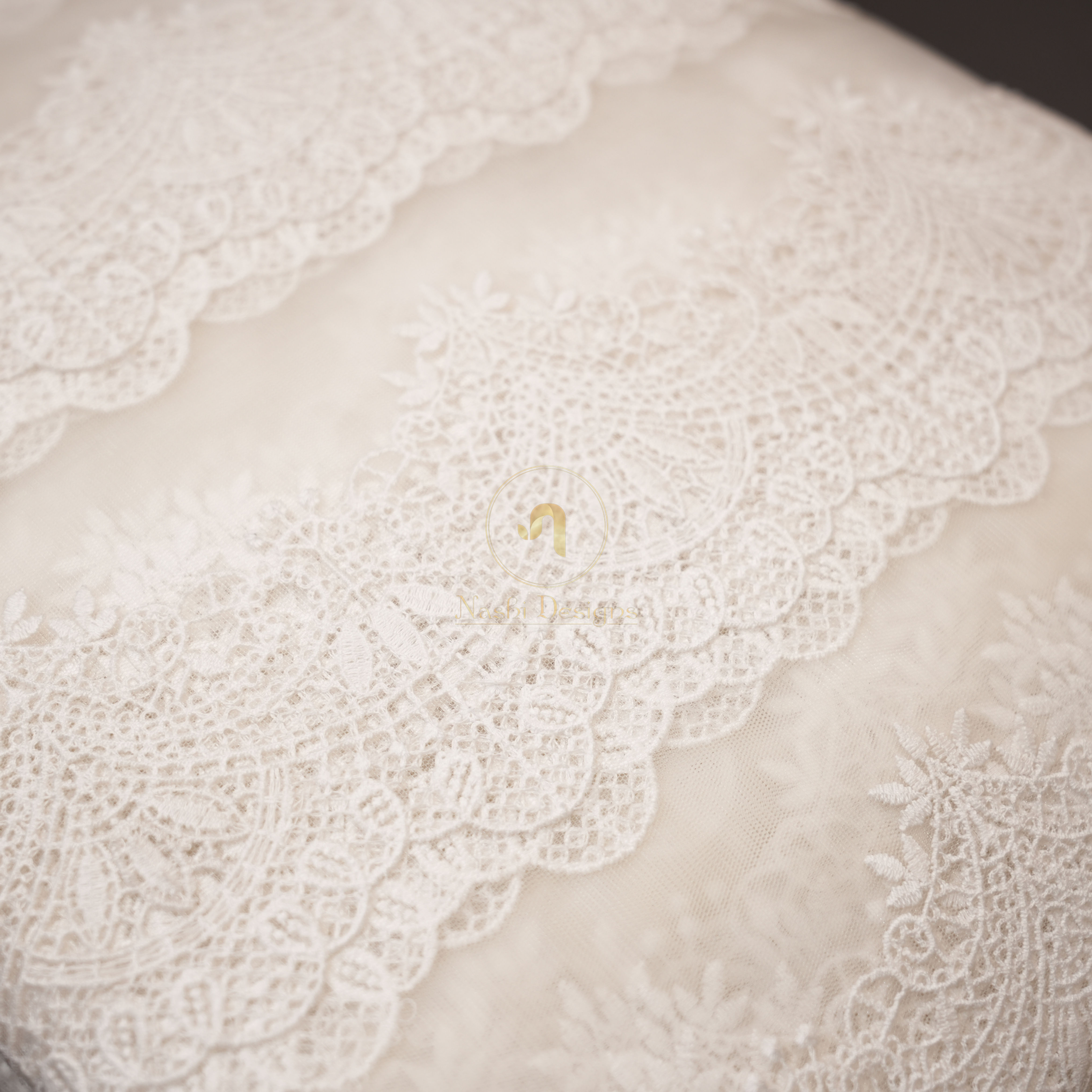 Premium Ornate Lace Embroidered Net Fabric with Multi-Tiered Scalloped