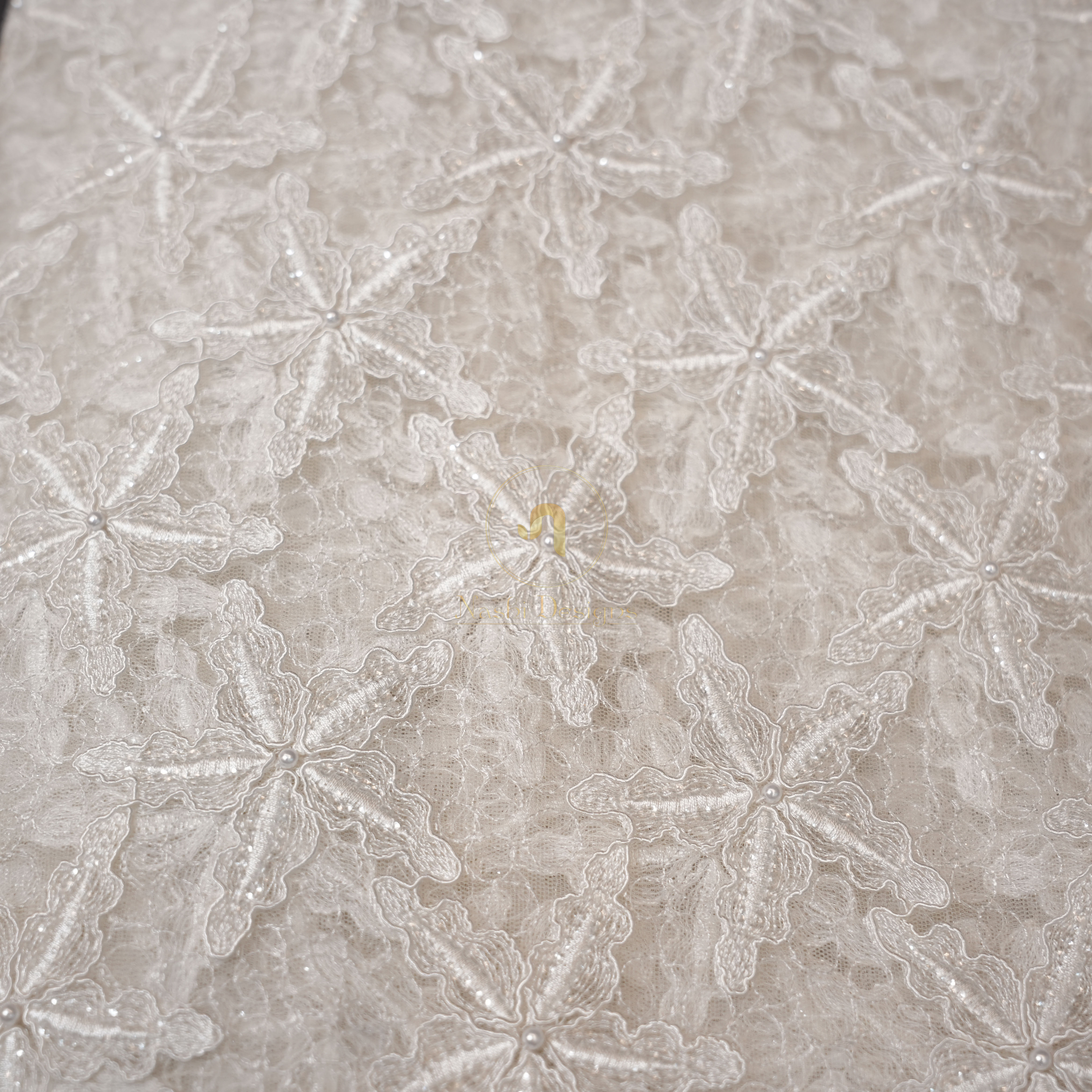Premium Dyeable 3D Starburst Pearl Embellished Textured Net Fabric