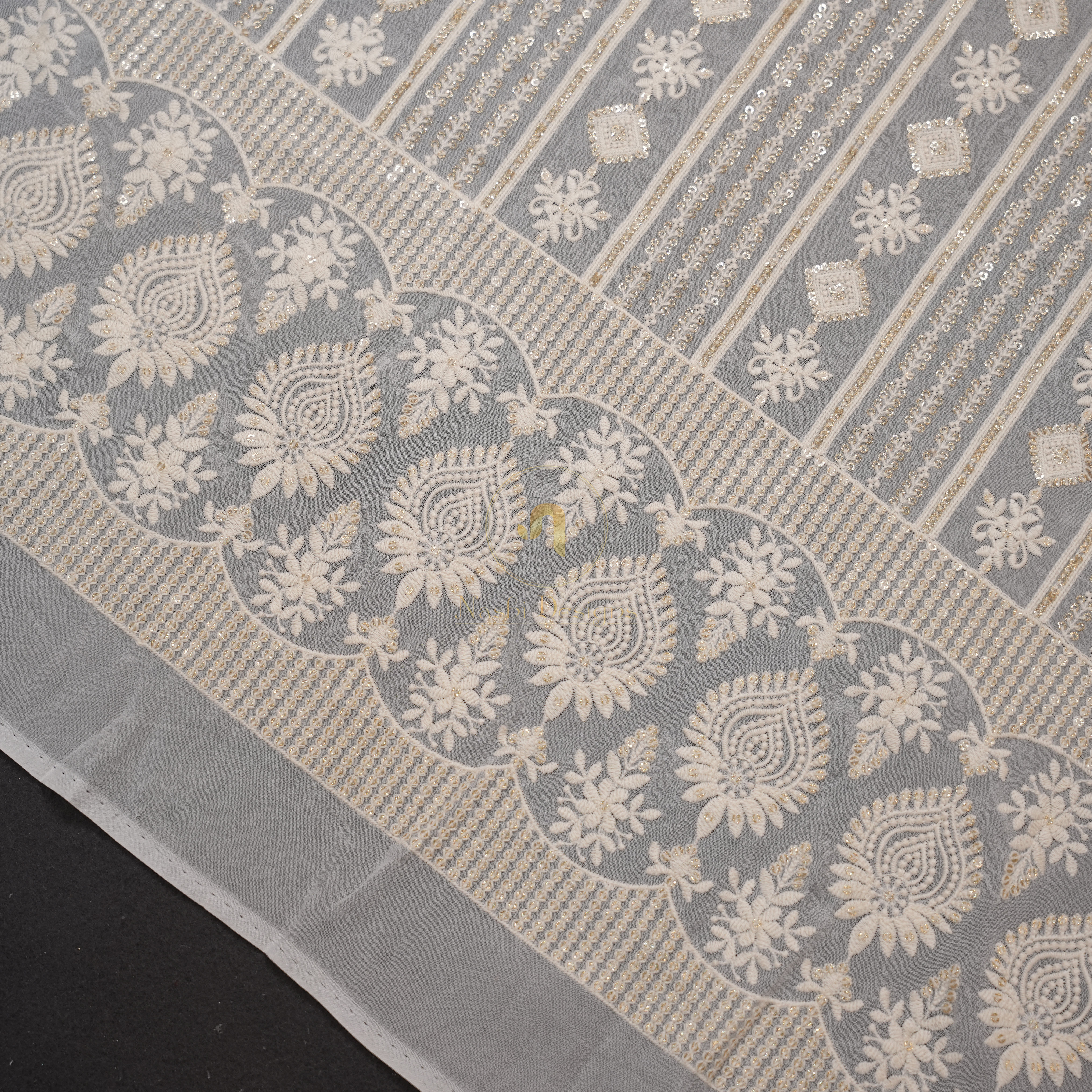 Premium Dyeable Geometric Stripe Embroidered Georgette Fabric