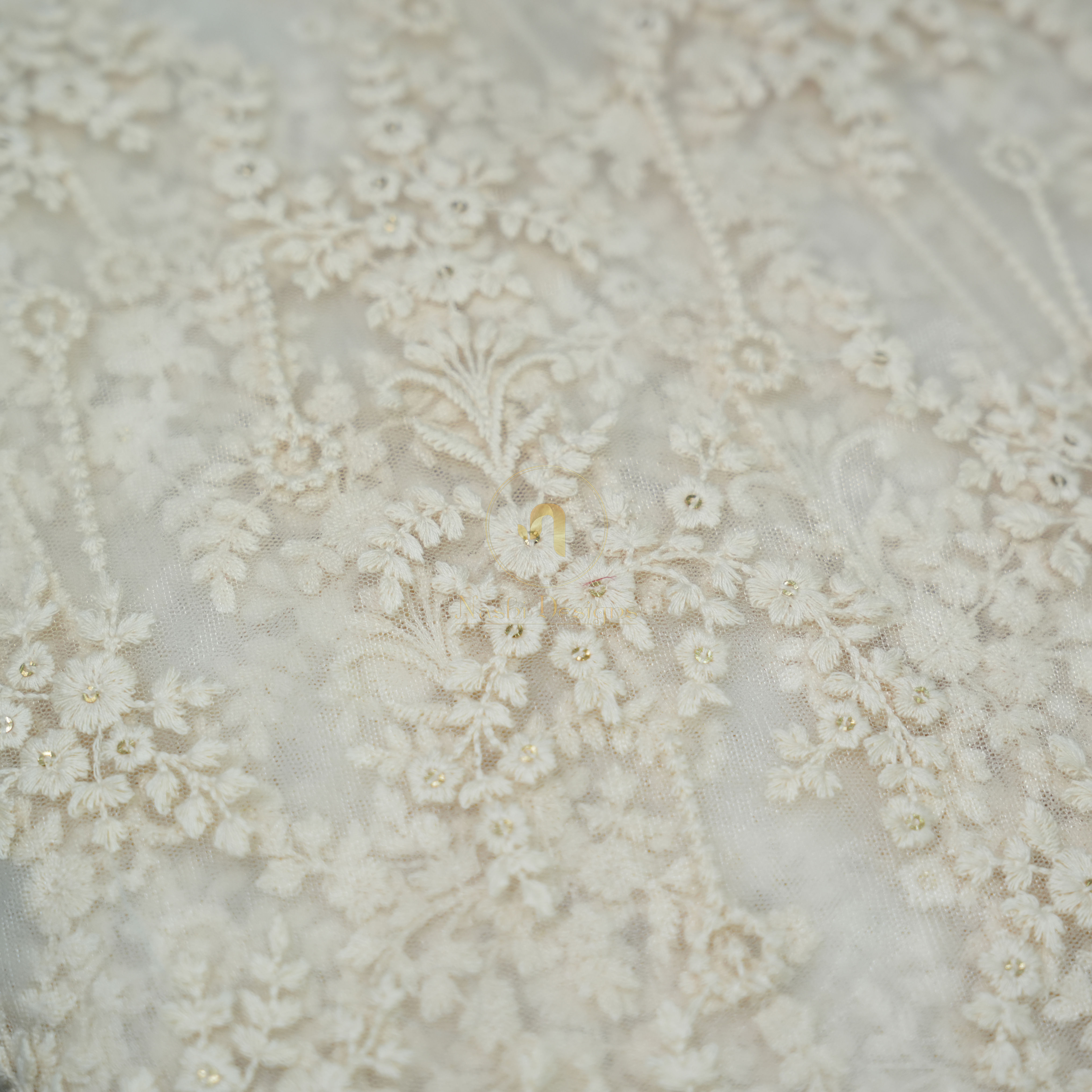 Premium Dyeable Architectural Tiered Scalloped Lace Embroidered Net Fabric