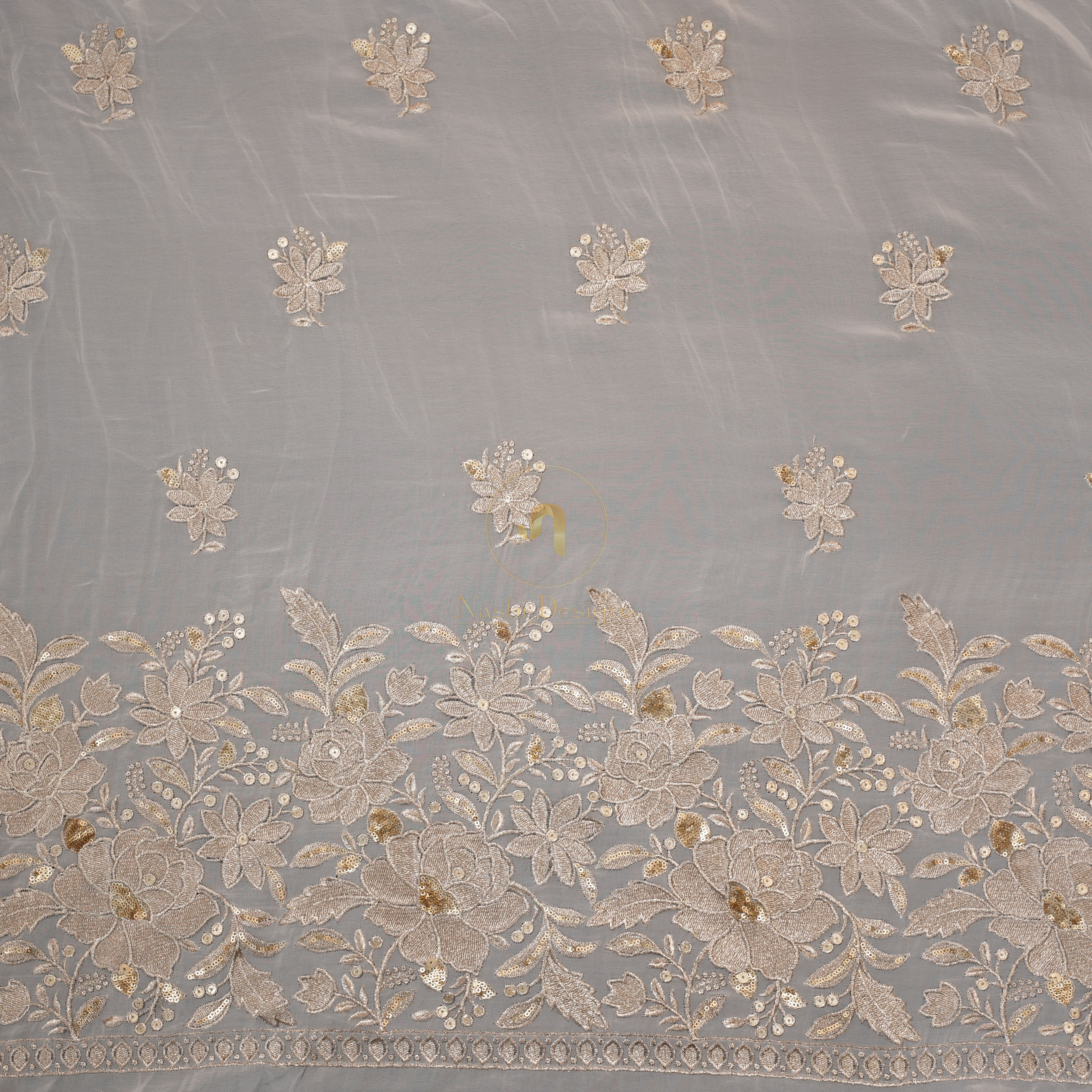 Premium Dyeable Floral Booti Embroidered Georgette Wide Border Fabric