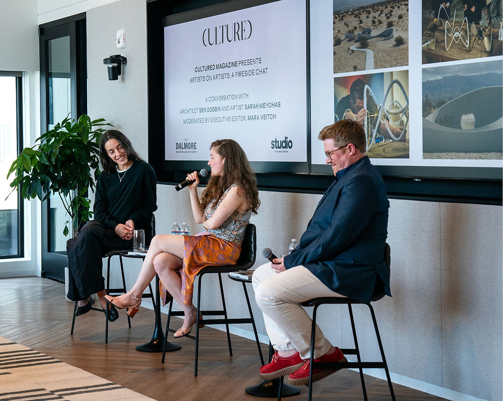 Mara Veitch, Sarah Meyohas and Ben Dobbin speaking at Cultured Magazine salon in San Francisco, photographed by Nico Hend Photography