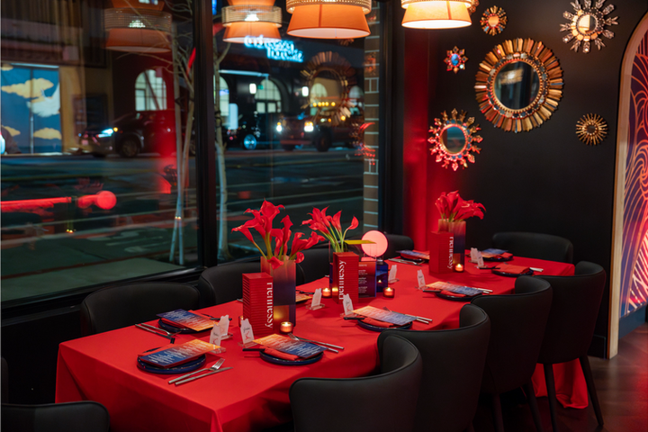 Close-up of event décor setup for Hennessy NBA All Star event at Kaiyo restaurant in San Francisco, photographed by Nico Hend Event Photography.