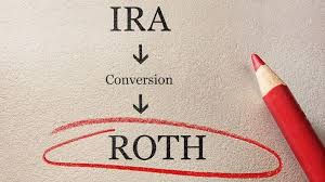 Diagram showing an IRA converting to a Roth IRA, with the word “ROTH” circled in red to illustrate the concept of a Roth conversion for retirement tax planning.