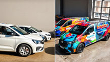Veículos de frota brancos transformados com adesivação automotiva personalizada, exibindo designs coloridos e branding profissional.