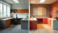 Comparação de antes e depois de um escritório, mostrando a aplicação de adesivos decorativos em móveis e paredes, transformando o ambiente em um espaço moderno e acolhedor.