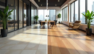 Comparação antes e depois de um piso transformado com vinil adesivo amadeirado em um ambiente corporativo.