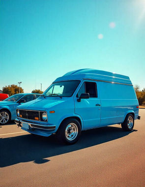 Van azul personalizada com vinilagem automotiva, estacionada sob o sol, destacando a proteção UV e o design vibrante proporcionados pelo vinil.
