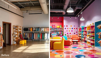 Comparação antes e depois de uma loja, destacando a aplicação de adesivos decorativos em pisos, paredes e prateleiras para criar um ambiente colorido e vibrante.