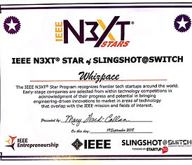 IEEE Next Star award which was given to Whizpace in acknowledgement of their progress and potential in briding engineering-driven innovations to market in areas of technology that overlap with the IEEE mission and fields of interest.
