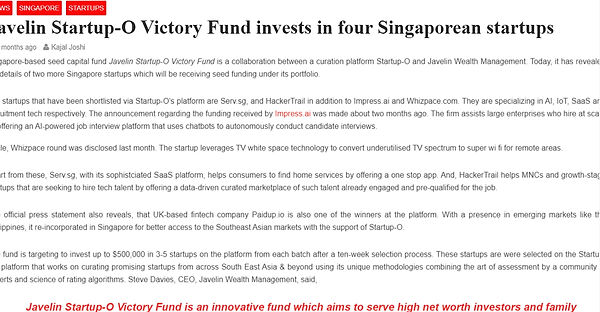Javelin Startup-O Victory Fund invests in Whizpace