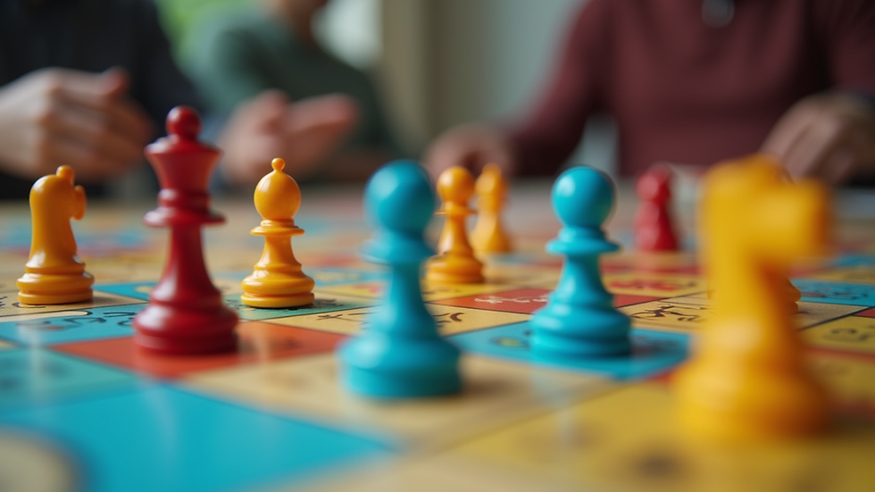 Eye-level view of a colorful board game setup on a table