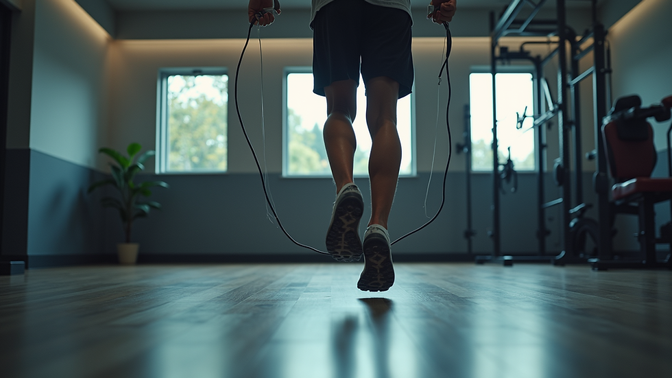 Eye-level view of a person doing jump rope exercise in a gym