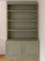 A Lichen green bespoke alcove unit made by Swyft Services and finished in Farrow & Ball Dead Flat Paint