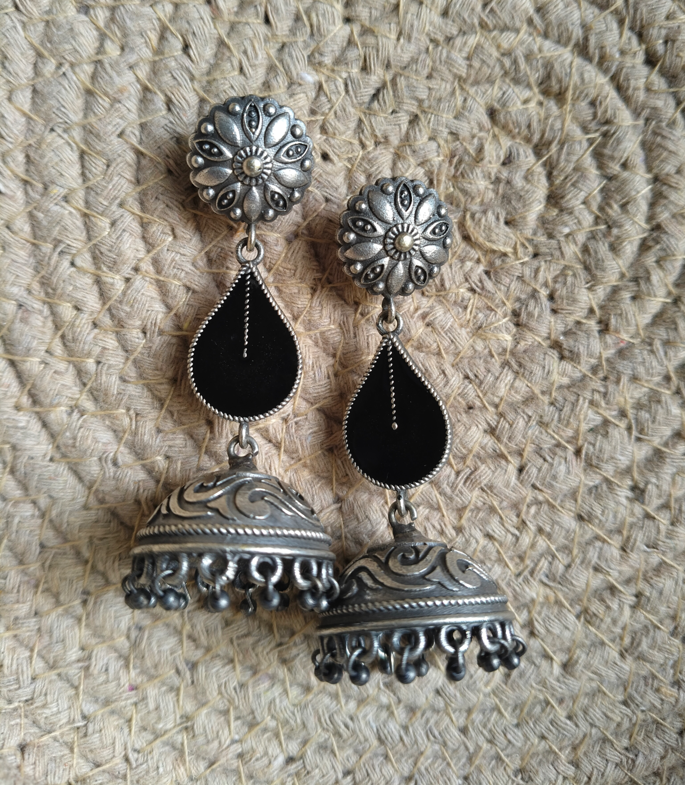 Vaidehi Brass Oxidised Meenakari Jhumka- Black