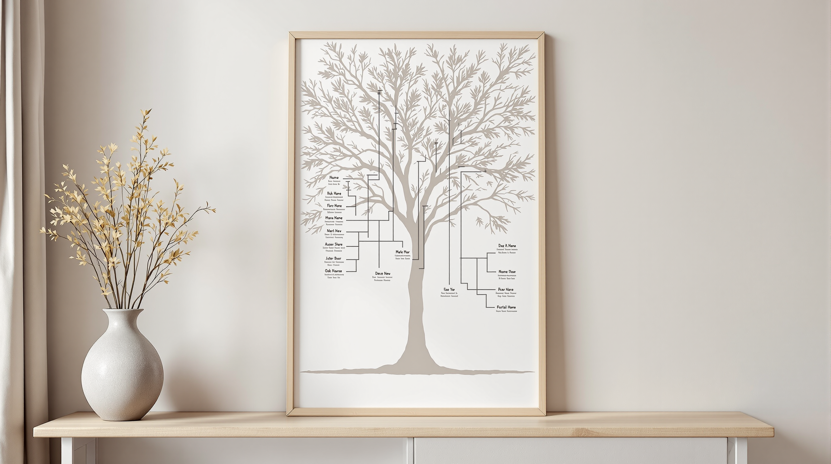 Genealogy wall poster with family tree design in a frame