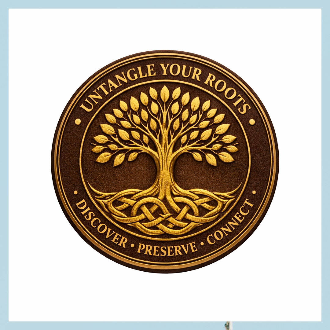 Untangle Your Roots engraved circular wooden emblem.