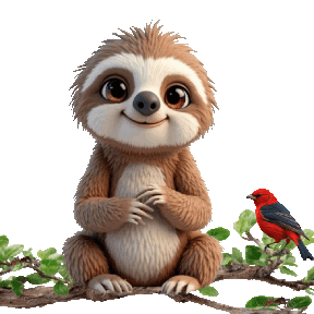 sloth animated with red bird and ants 