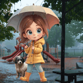 animated boys & girls walking in the rain