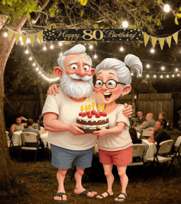 animated seniors celebrating milestone birthday