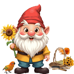 animated gnome harvesting sunflowers