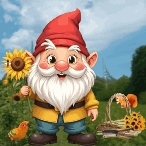 animated gnome harvesting sunflowers