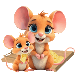 Cute animated mice eating cheese and smiling
