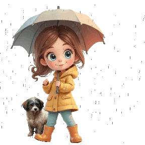 animated boys & girls walking in the rain