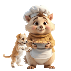 animated cute baker and dog jumping up to eat the pie
