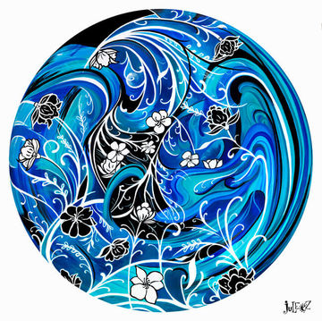 Seaside Blue Flowers Round Painting By Juleez Art