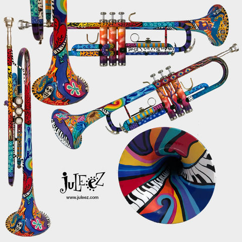 Colorful Pianos and Patterns Custom Painted Trumpet by Juleez Art