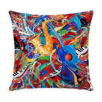 Colorful Guitar Saxophone Pillow by Juleez Art