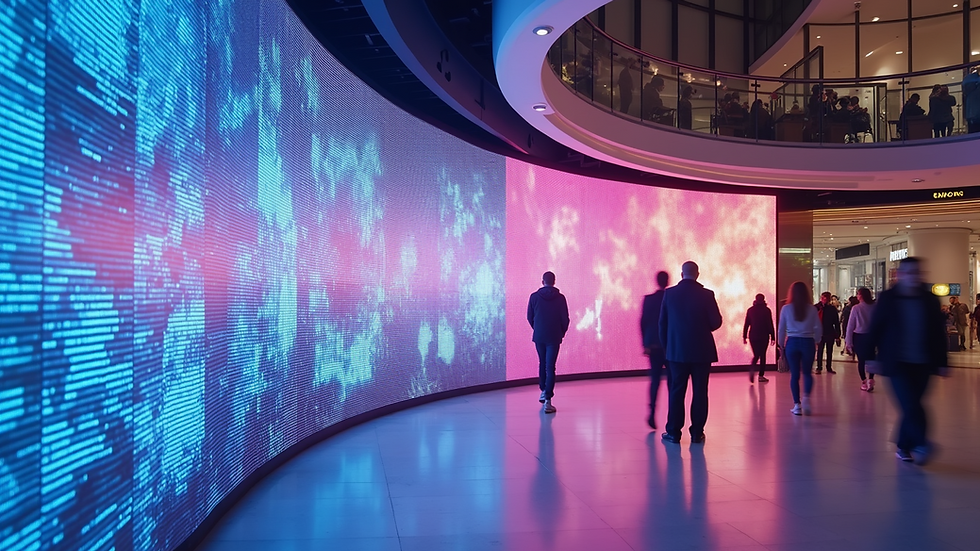Eye-level view of a curved 3D LED wall installation in a modern shopping mall