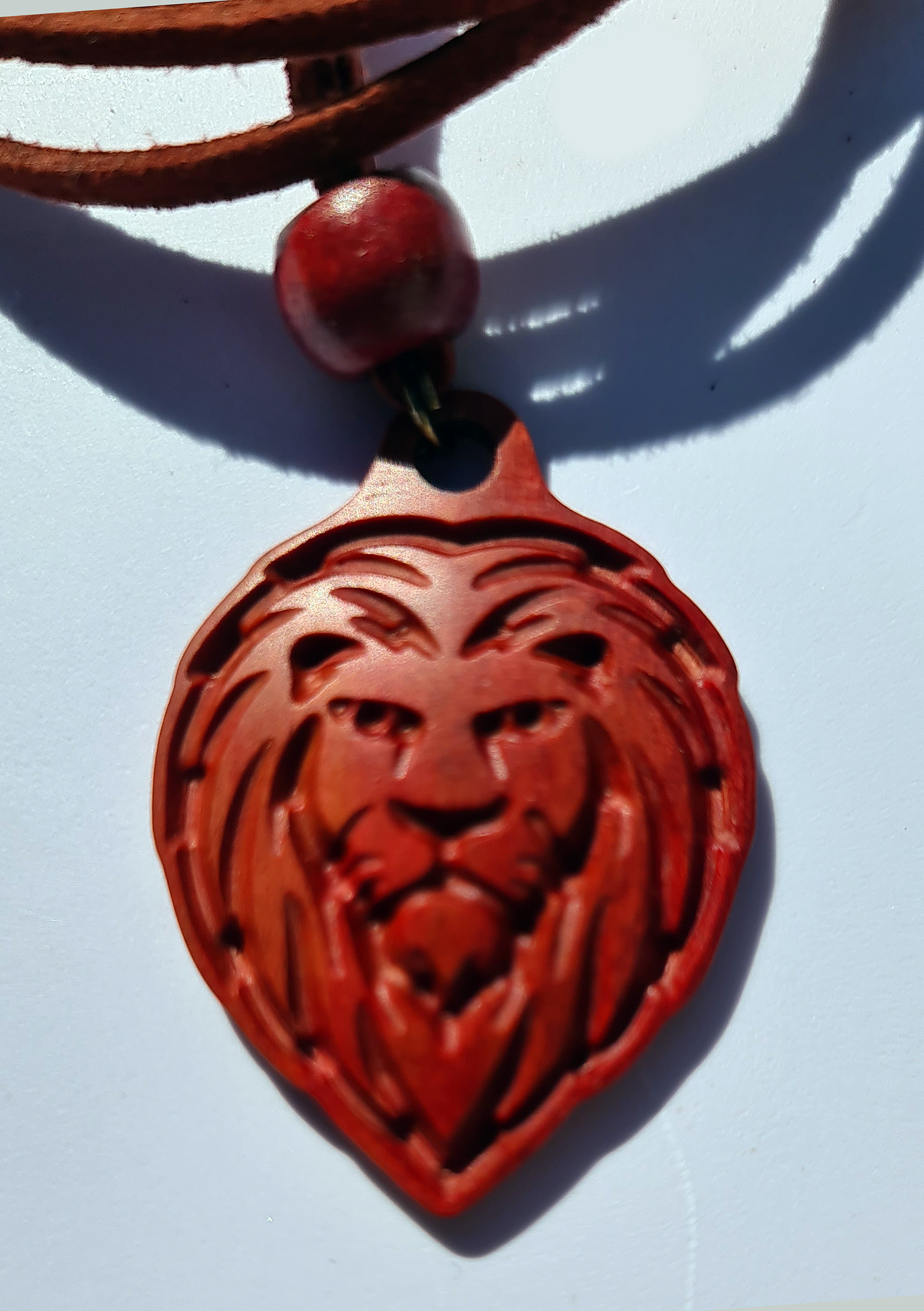 Necklace Wooden Lion Pink Ivory Front View Close Up