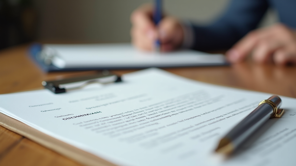 Eye-level view of a legal document and a pen on a wooden desk