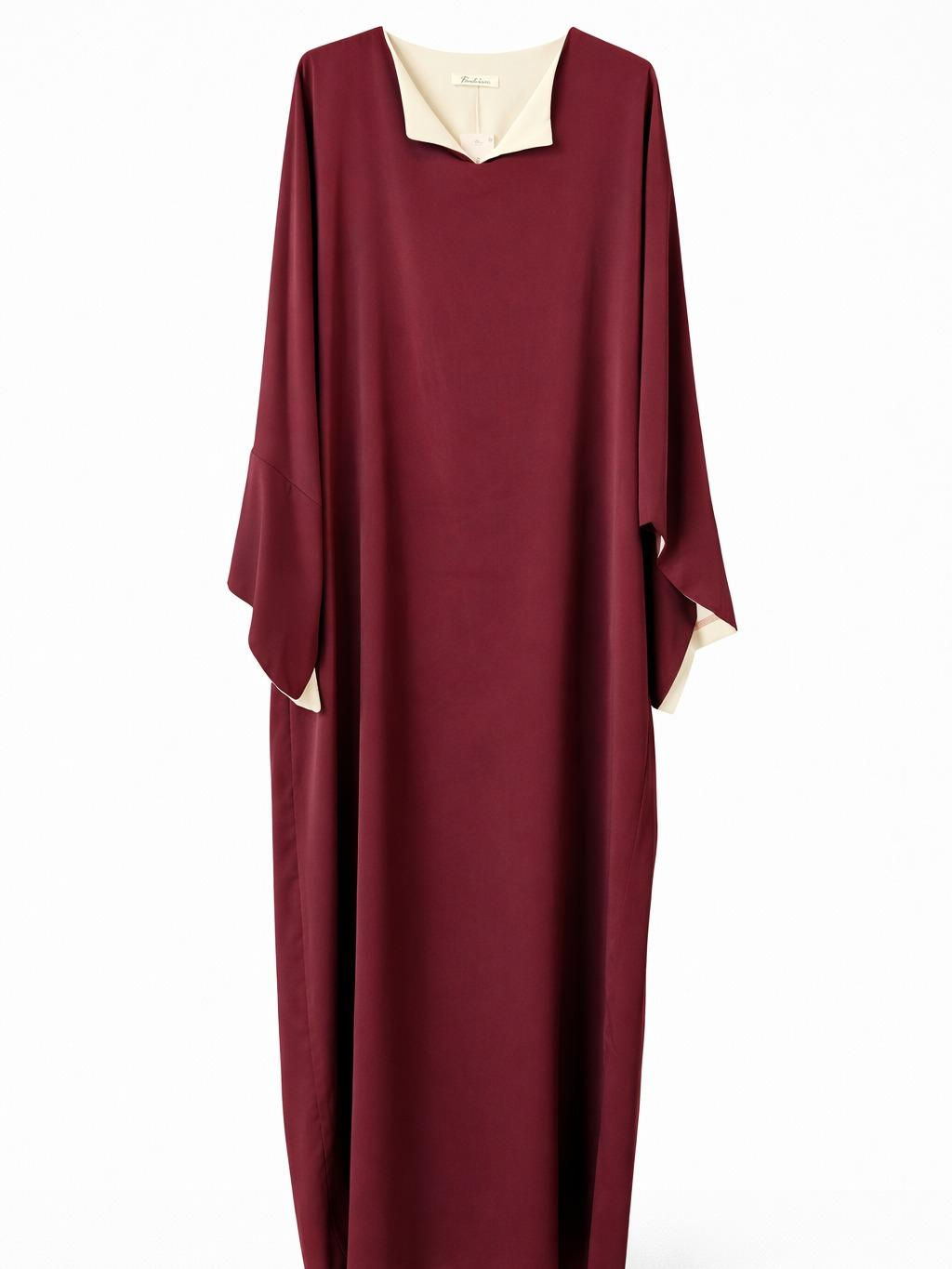 Abaya Bi Couleur Beige Et Bordeaux Robe Longue Élégante Pour Femmes