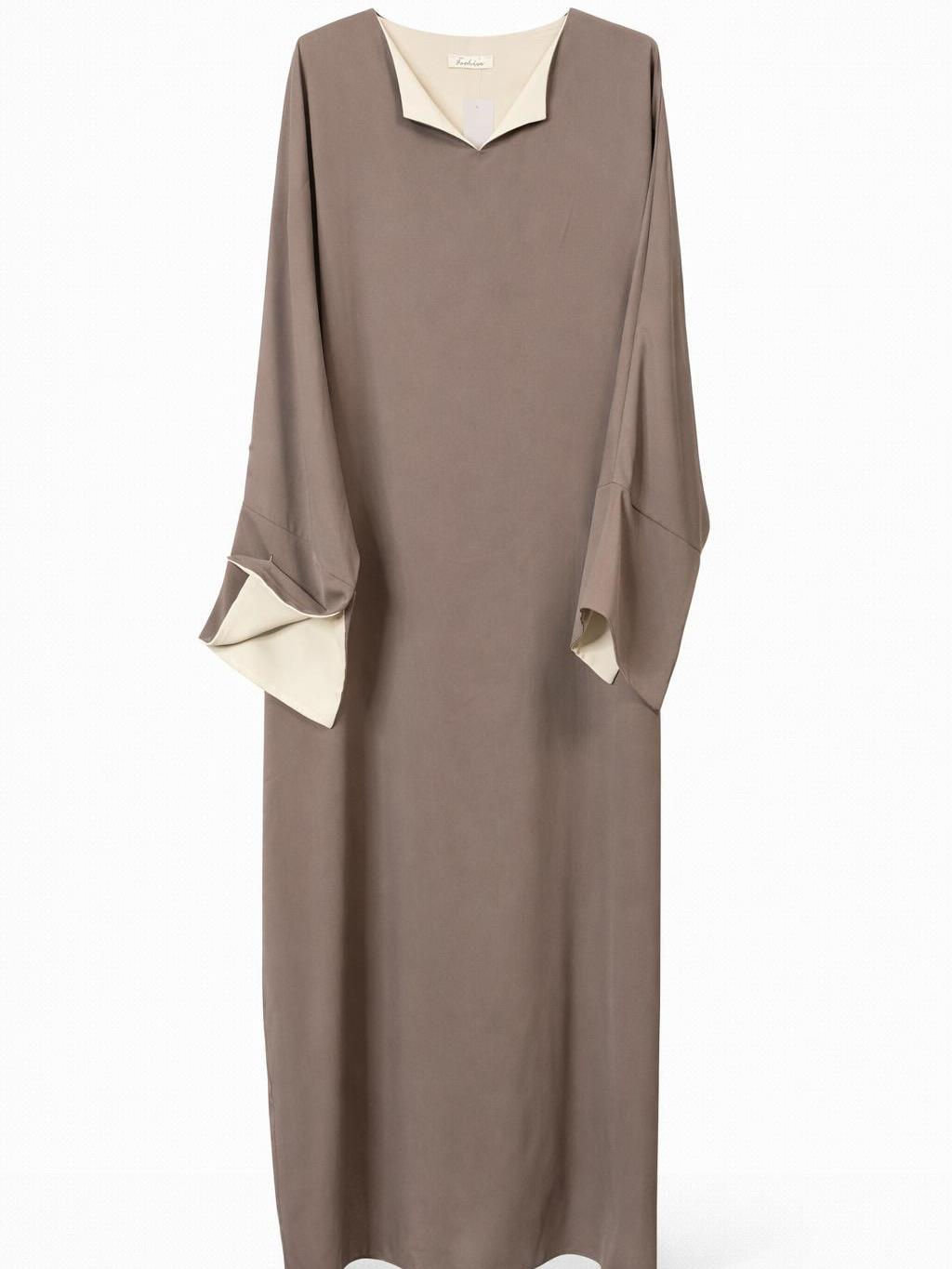 Abaya Bi Couleur Beige Et Taupe Robe Longue Élégante Pour Femmes