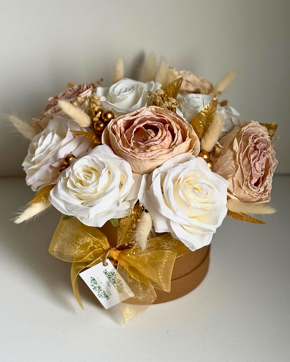 White and Gold Hat Box Flower Bouquet side view