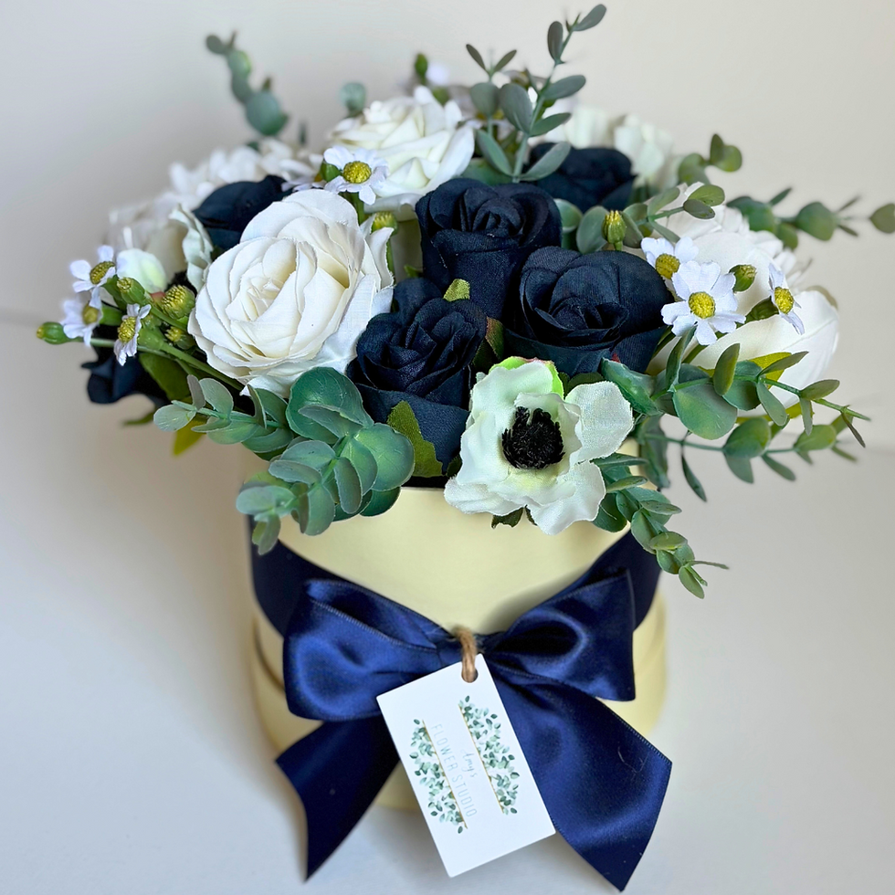 Navy and White hat box flower bouquet front view