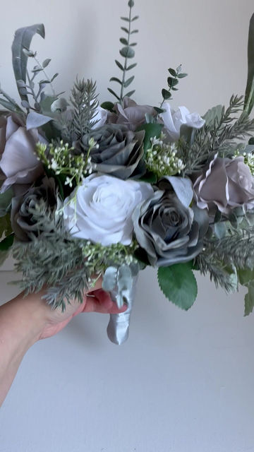 Thumbnail: Grey Rose and Silver Wedding Flower Collection bride bouquet close up