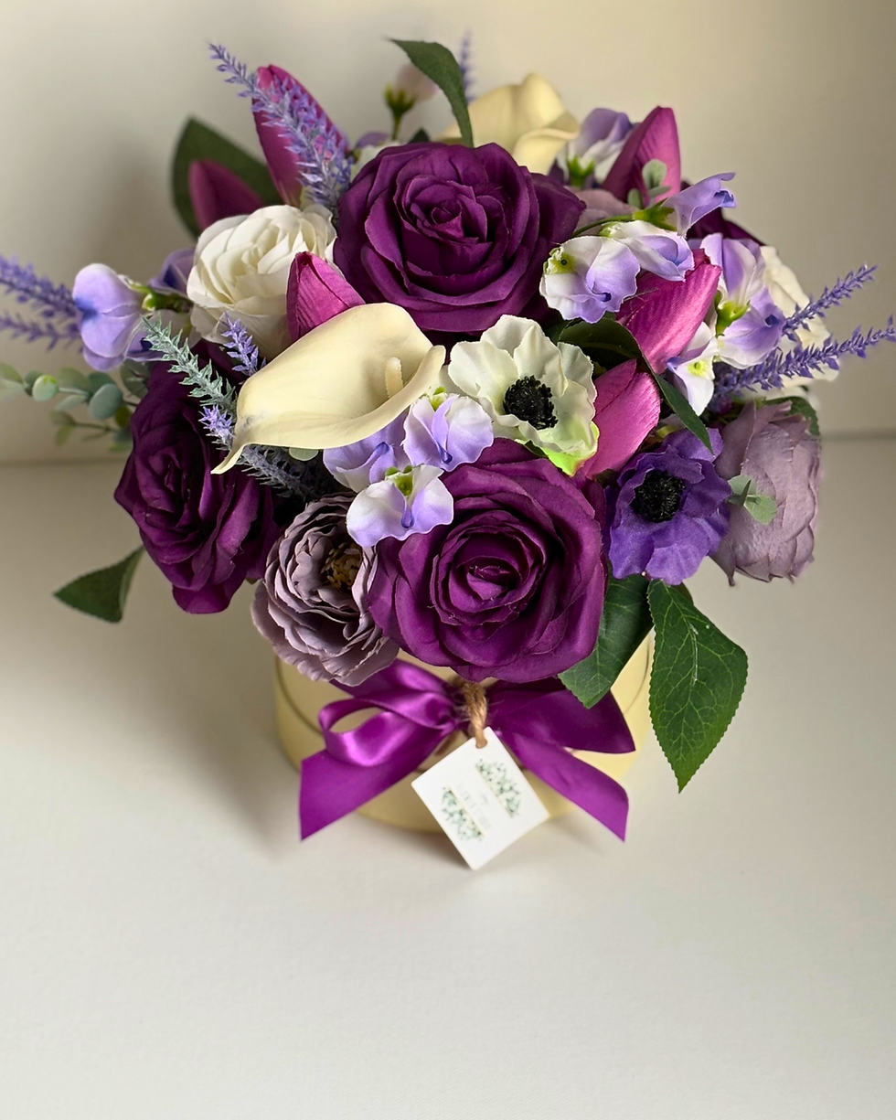 Thumbnail: Purple Rose and Calla Lily Hat Box Flower Bouquet front view