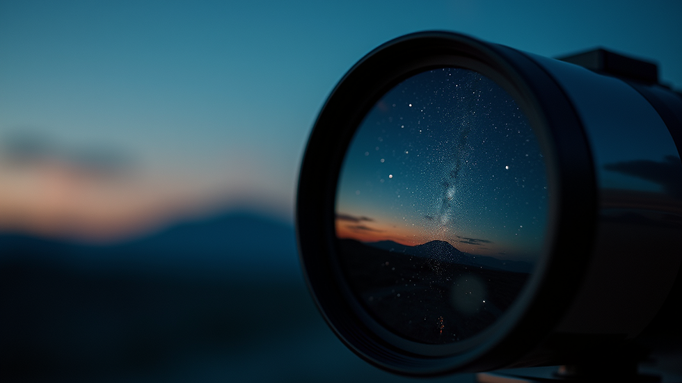 Close-up view of a telescope lens reflecting the night sky