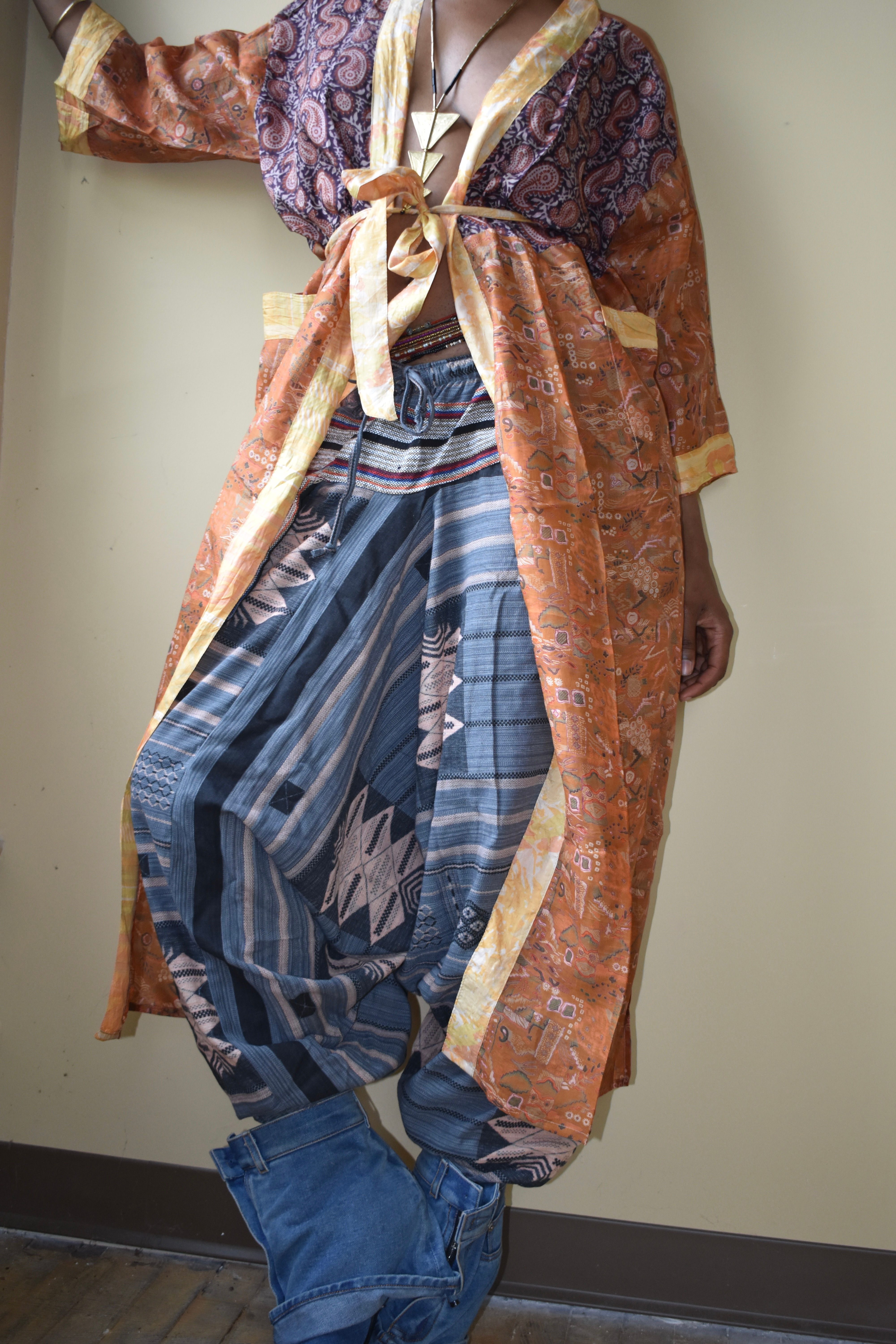 Pinstripe Drawstring Pants with Thai Hill Tribe Trim