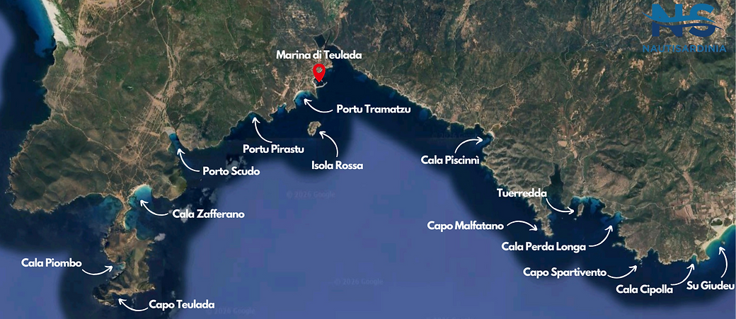 Mappa Nautisardinia Full Day, Teulada, Cala Zafferano, Cjhia, Cala Cipolla, Porto Pirastu,