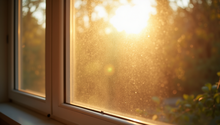 Eye-level view of a Virginia home window with ceramic window film reflecting sunlight