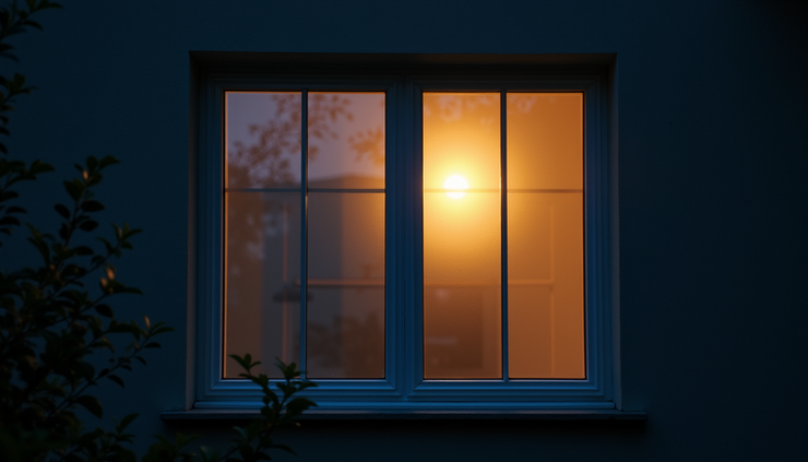 Eye-level view of a residential window with dual reflective window film at night