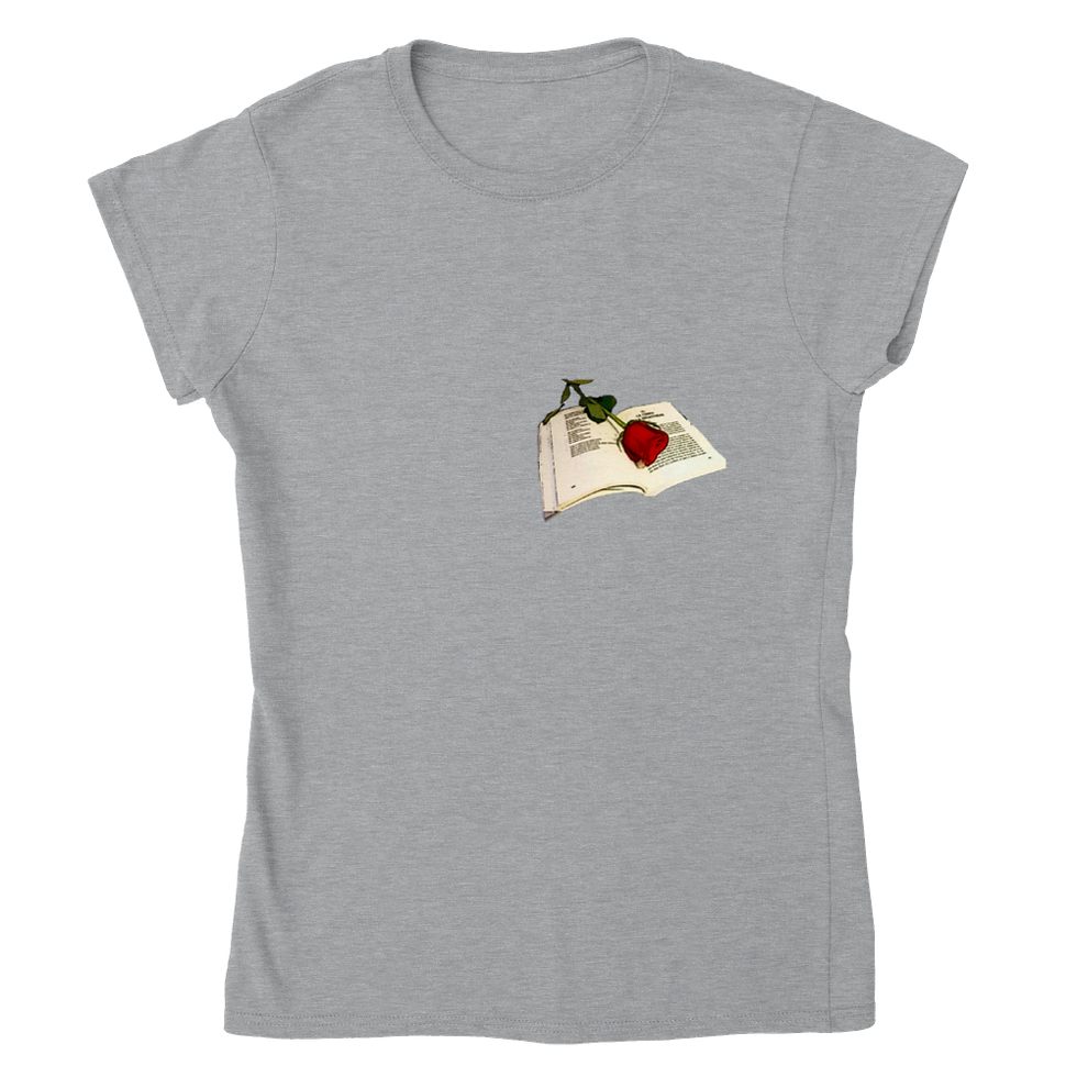 Miniatura: Camiseta libro y rosa de cuello redondo mujer clásica