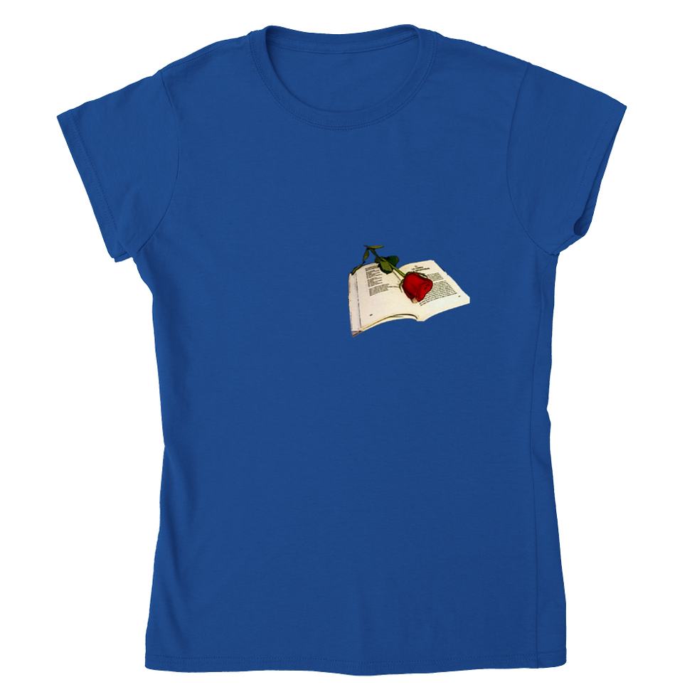 Miniatura: Camiseta libro y rosa de cuello redondo mujer clásica
